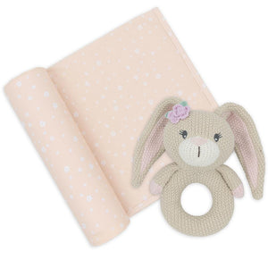 Living Textiles Jersey Swaddle & Rattle Gift Set - Foral/Bunny