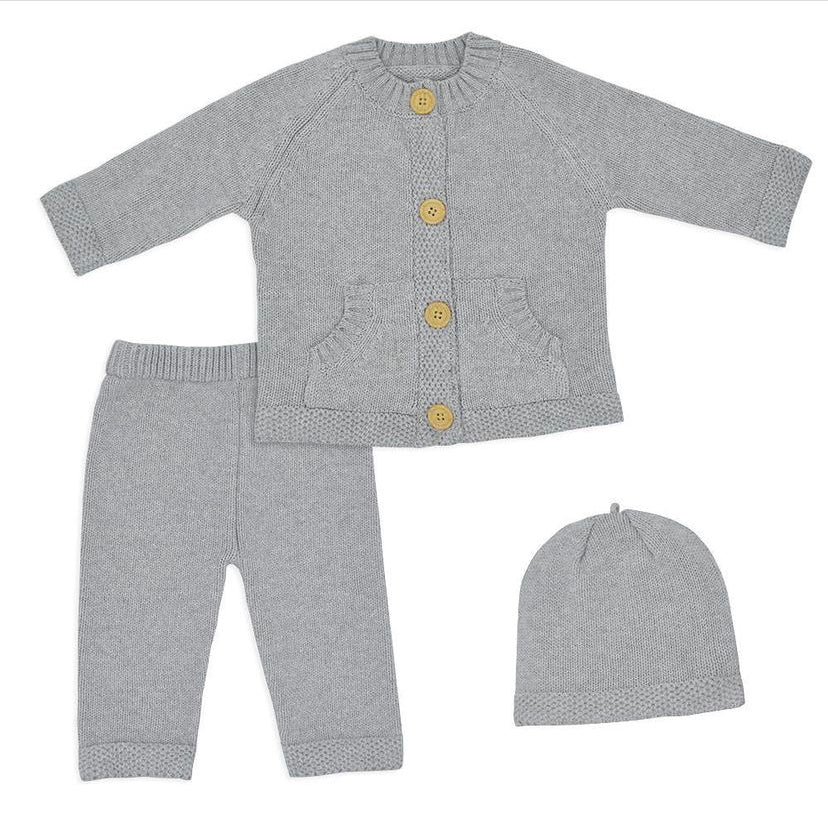 Living Textiles 3pc Cotton Knit Cardigan, Pant & Beanie Set - Grey