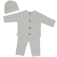Load image into Gallery viewer, Living Textiles 3pc Cotton Knit Cardigan, Pant &amp; Beanie Set - Ivory
