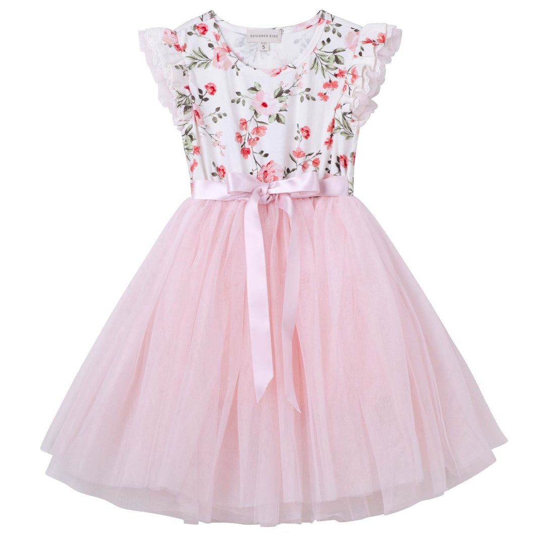 Designer Kidz - Penny Foral Short Sleeve Tutu Dress - Pink